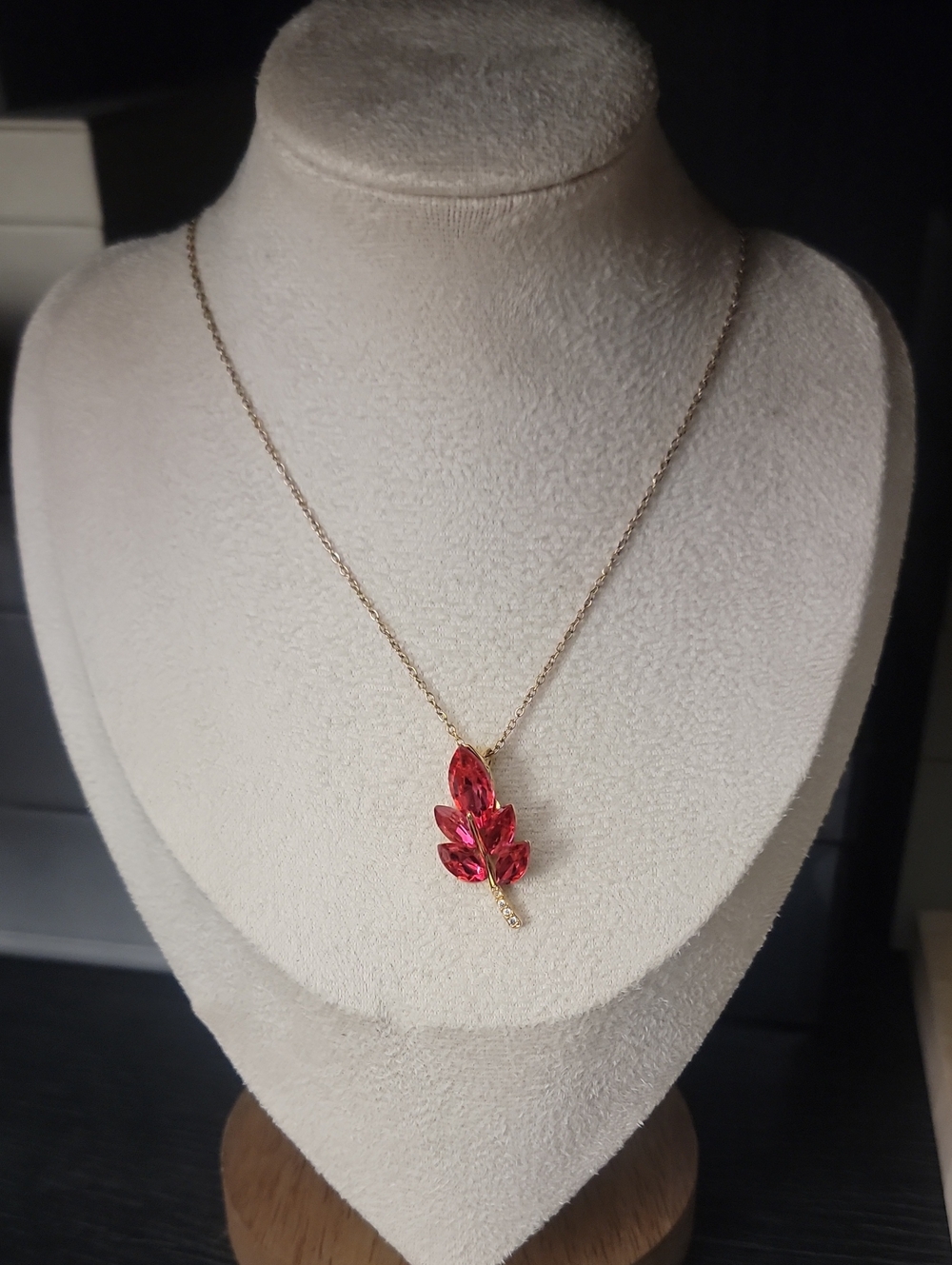 Gold Chain Necklace with Pinkish Red Crystal Leaf Pendant w/ Crystal Stem